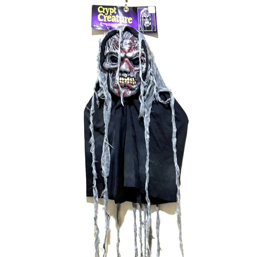 Scary Skeleton Zombie Mask Hood Long Gray Hair Halloween Adult Horror Costume